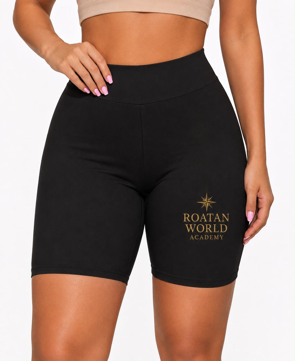 Roatan World Academy Women's High-Waisted Biker Shorts – Black Athletic Compression Shorts